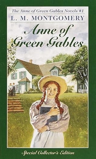 The cover of Anne of Green Gables by L.M. Montgomery shows Anne Shirley, who is about 11, in red braids, a straw hat, and a plain dress and pinafore. 