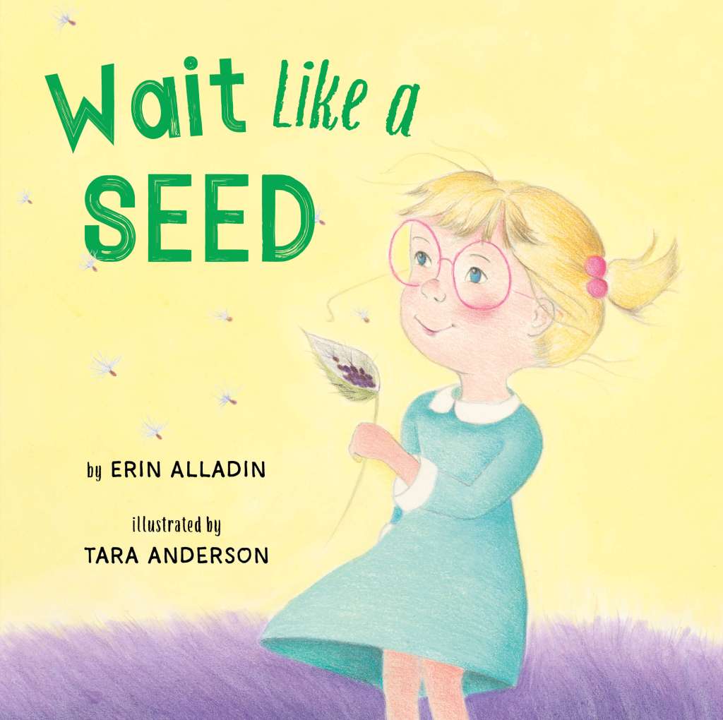 The cover image of Wait Like a Seed, a picture book written by Erin Alladin and illustrated by Tara Anderson, shows a white-skinned, little girl with blonde pigtails and a blue dress blowing milkweed seeds from their pod into a yellow sky.