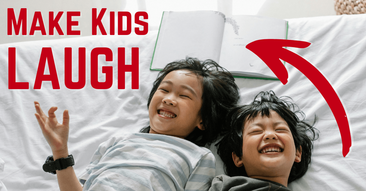 Two young children laugh helplessly beside an open picture book. Bold text reads "Make kids laugh."