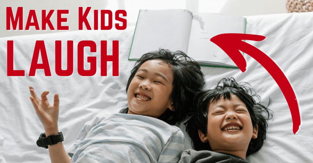 Two young children laugh helplessly beside an open picture book. Bold text reads "Make kids laugh."