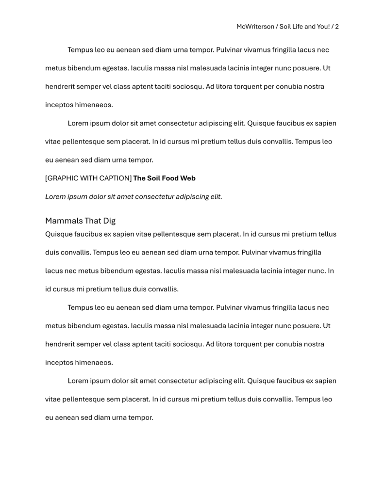 A plain, white manuscript page with black text. Top right: McWriterson / Soil Life and You! / 2. Beginning at the top right, pseudo Latin placeholder text is divided by the following headers: Graphic with Caption: The Soil Food Web. Heading 3: Mammals That Dig.